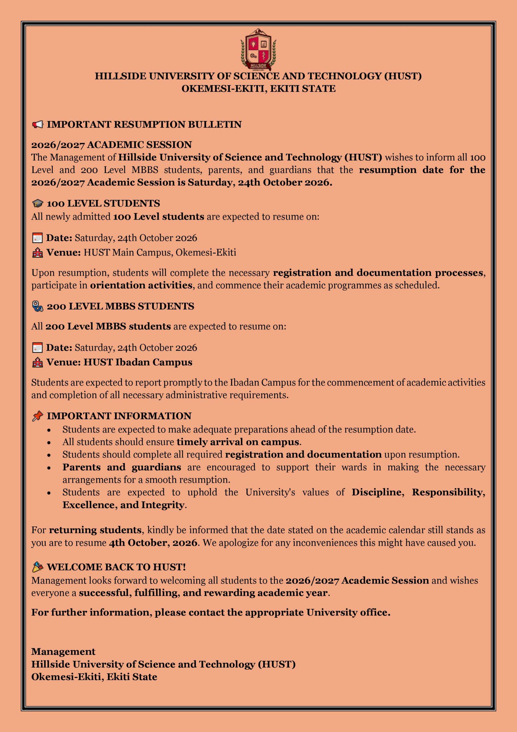 HUST New resumption dates
